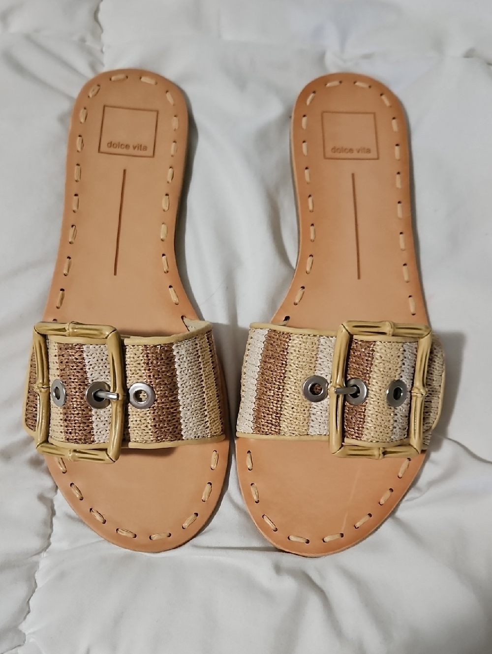 Dolce Vita Neutral Striped Buckle Slide Sandals